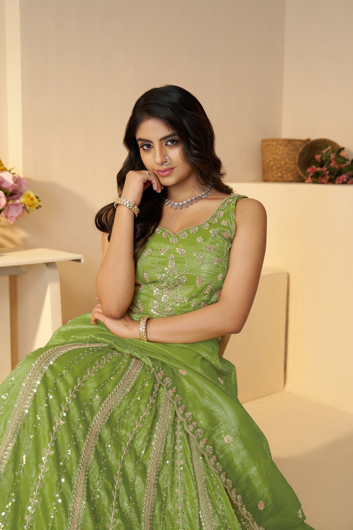 Green Mehendi Function Lehenga with Sequins & Cut Dana Work