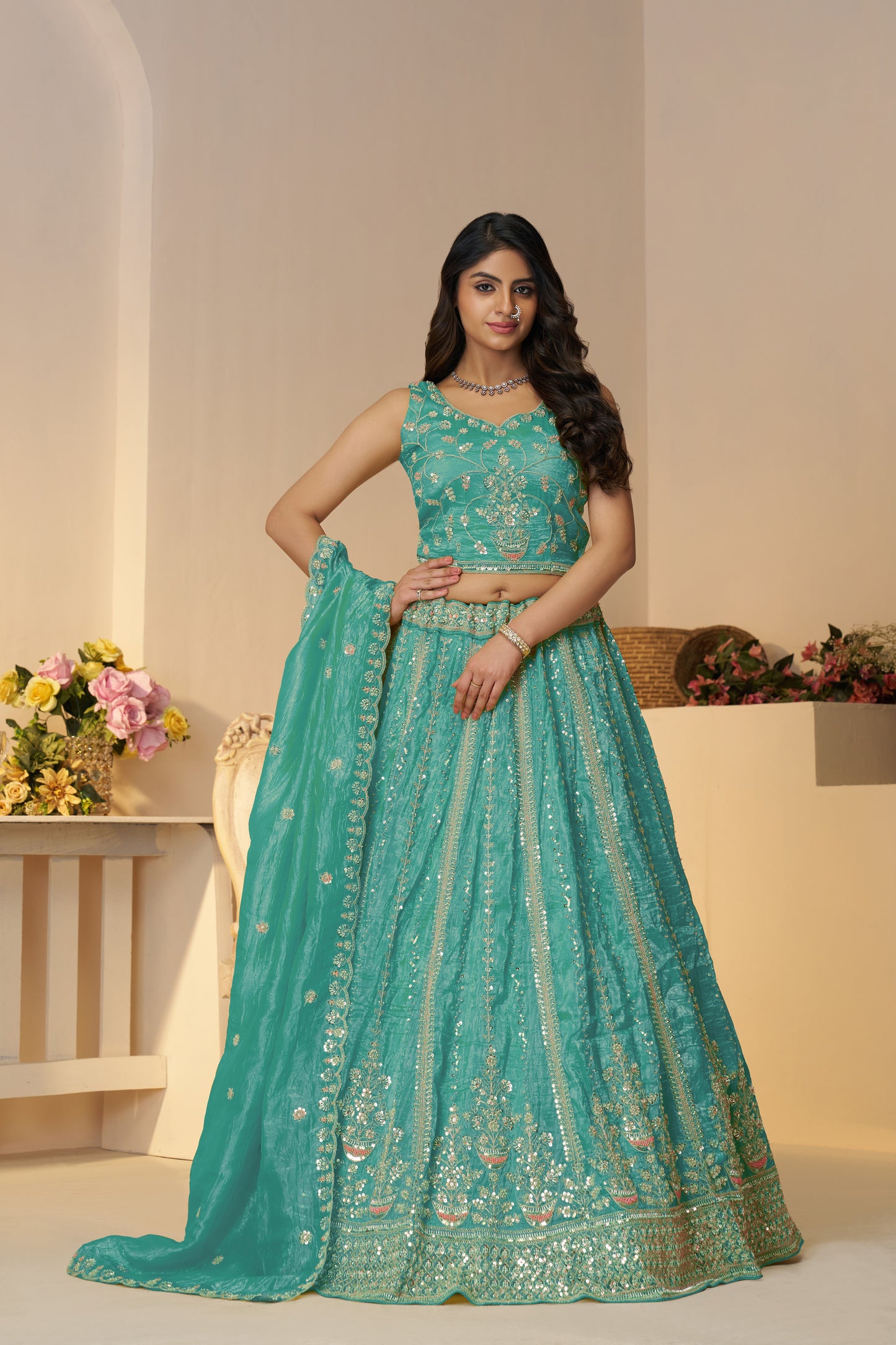 Elegant Powder Blue Silk Lehenga with Sequins & Cut Dana Work