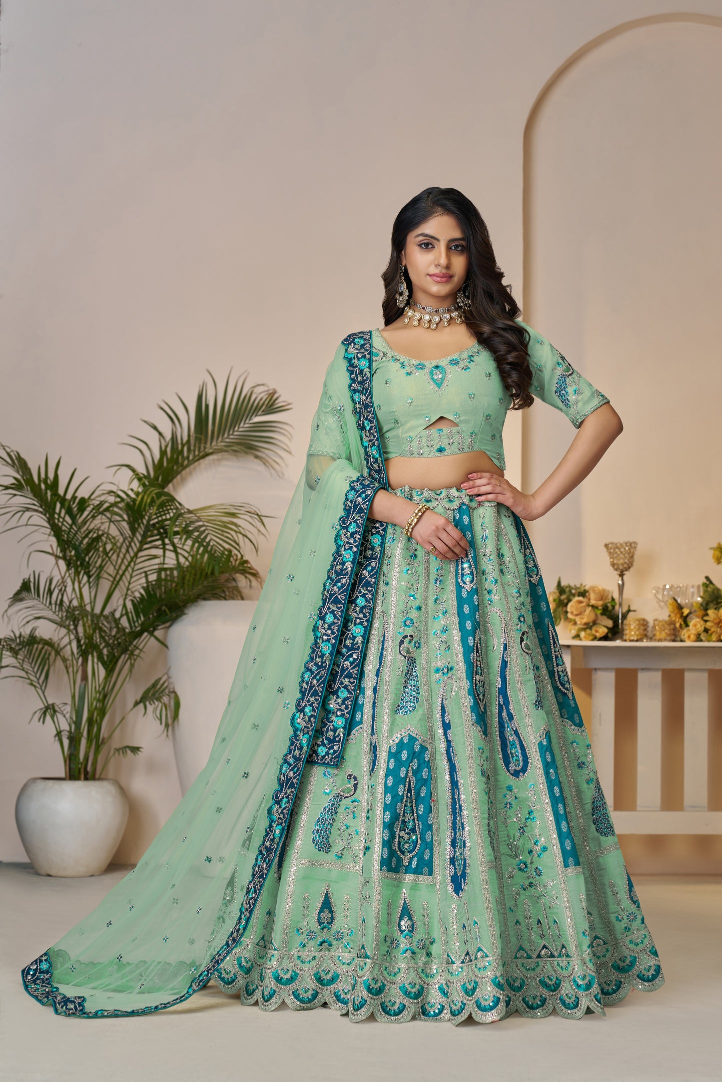 Royal Grandeur Bridal Sky Blue Lehenga with Paisley and Peacock Motifs & Heavy Embroidery