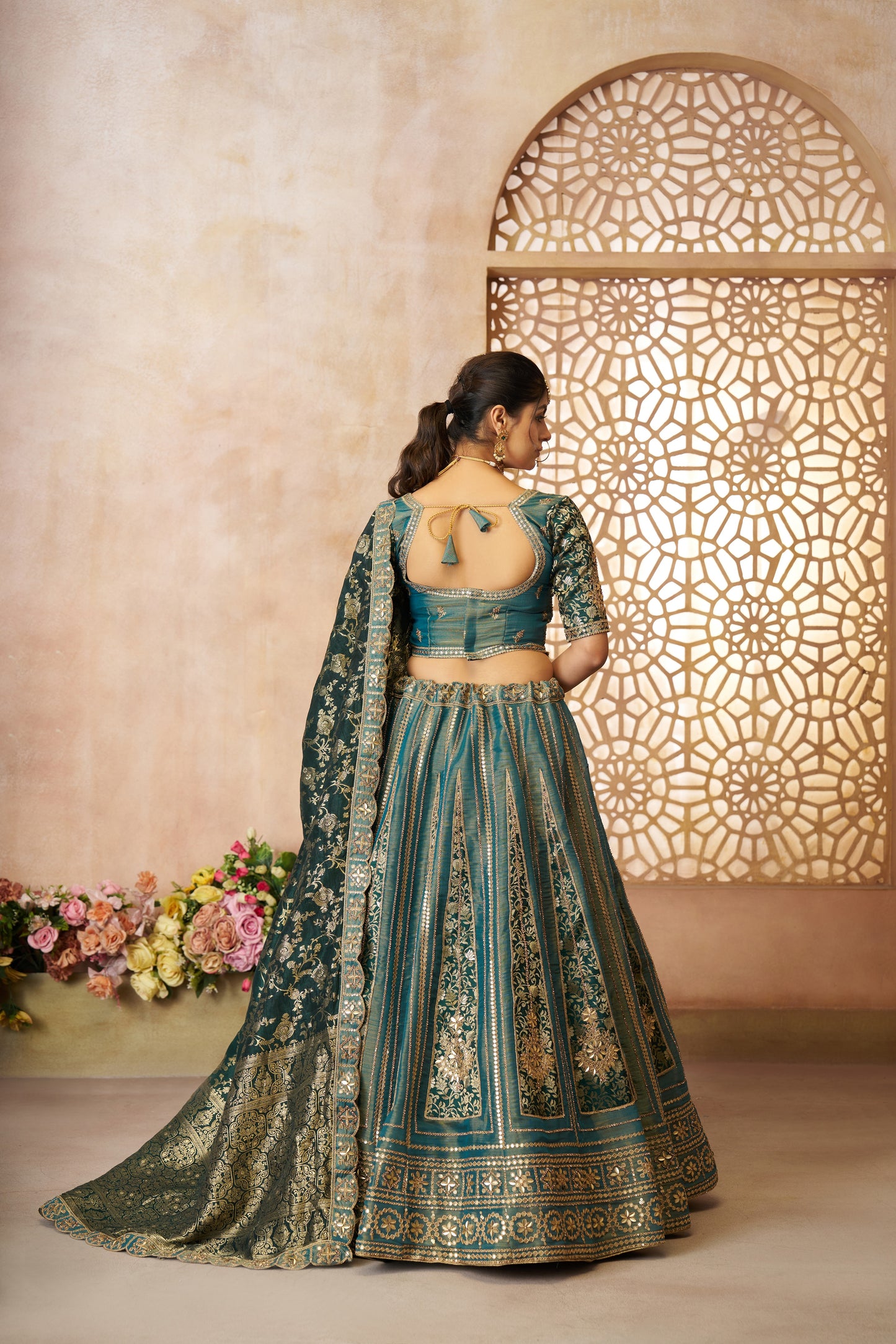 Regal Green Tissue Base, Banarasi Patches & Zari Work Designer Lehenga