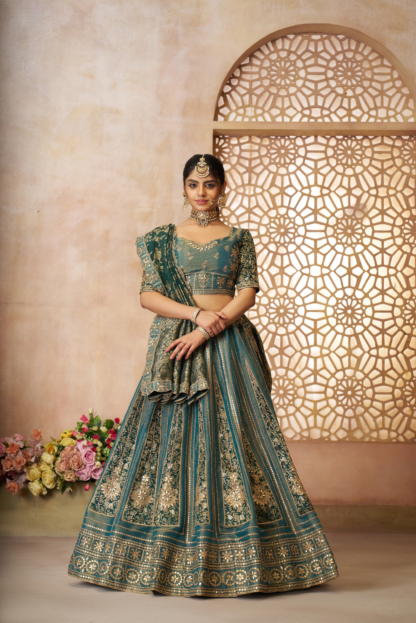 Regal Green Tissue Base, Banarasi Patches & Zari Work Designer Lehenga