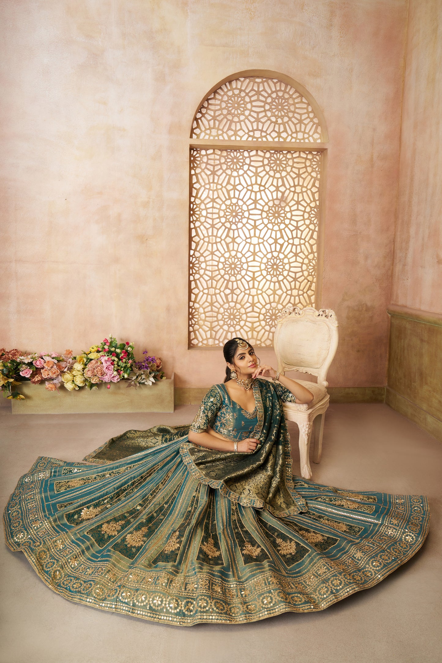 Regal Green Tissue Base, Banarasi Patches & Zari Work Designer Lehenga