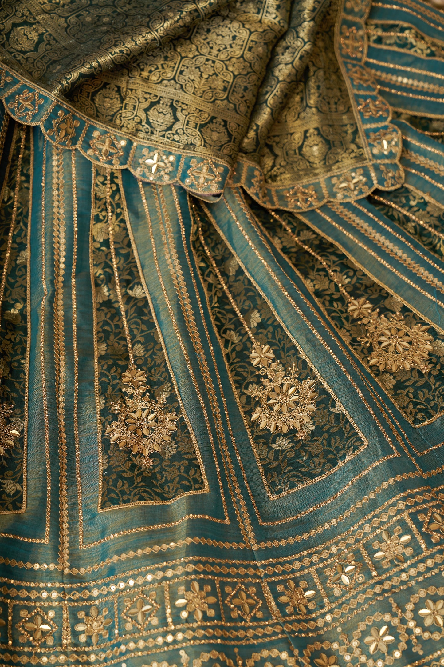 Regal Green Tissue Base, Banarasi Patches & Zari Work Designer Lehenga