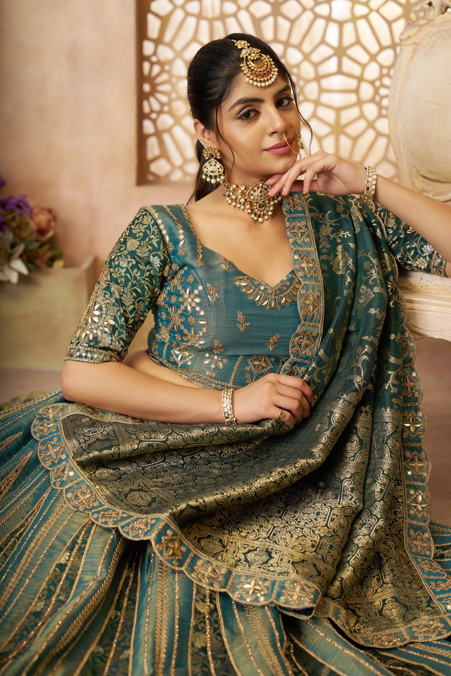 Regal Green Tissue Base, Banarasi Patches & Zari Work Designer Lehenga