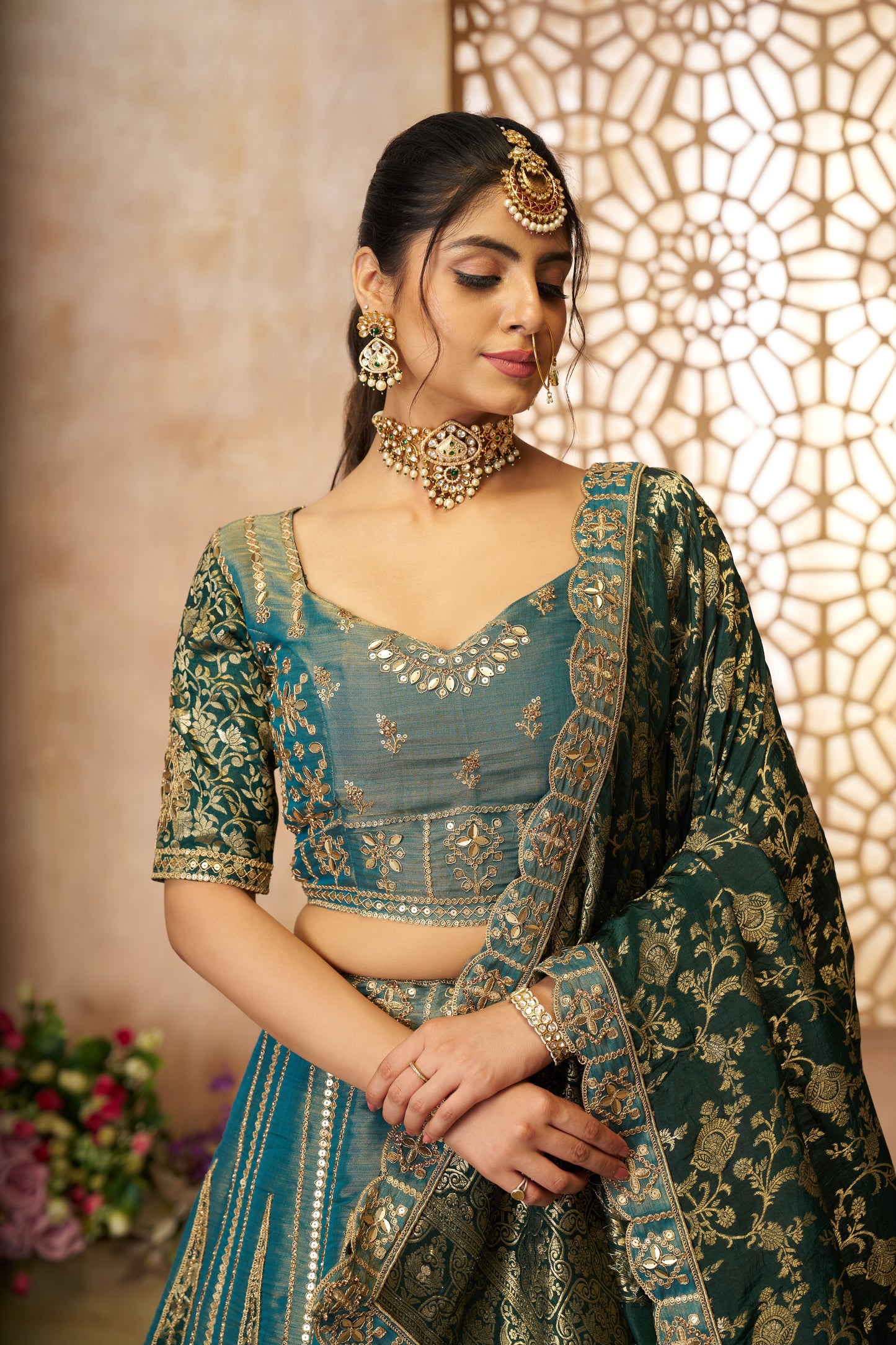 Regal Green Tissue Base, Banarasi Patches & Zari Work Designer Lehenga