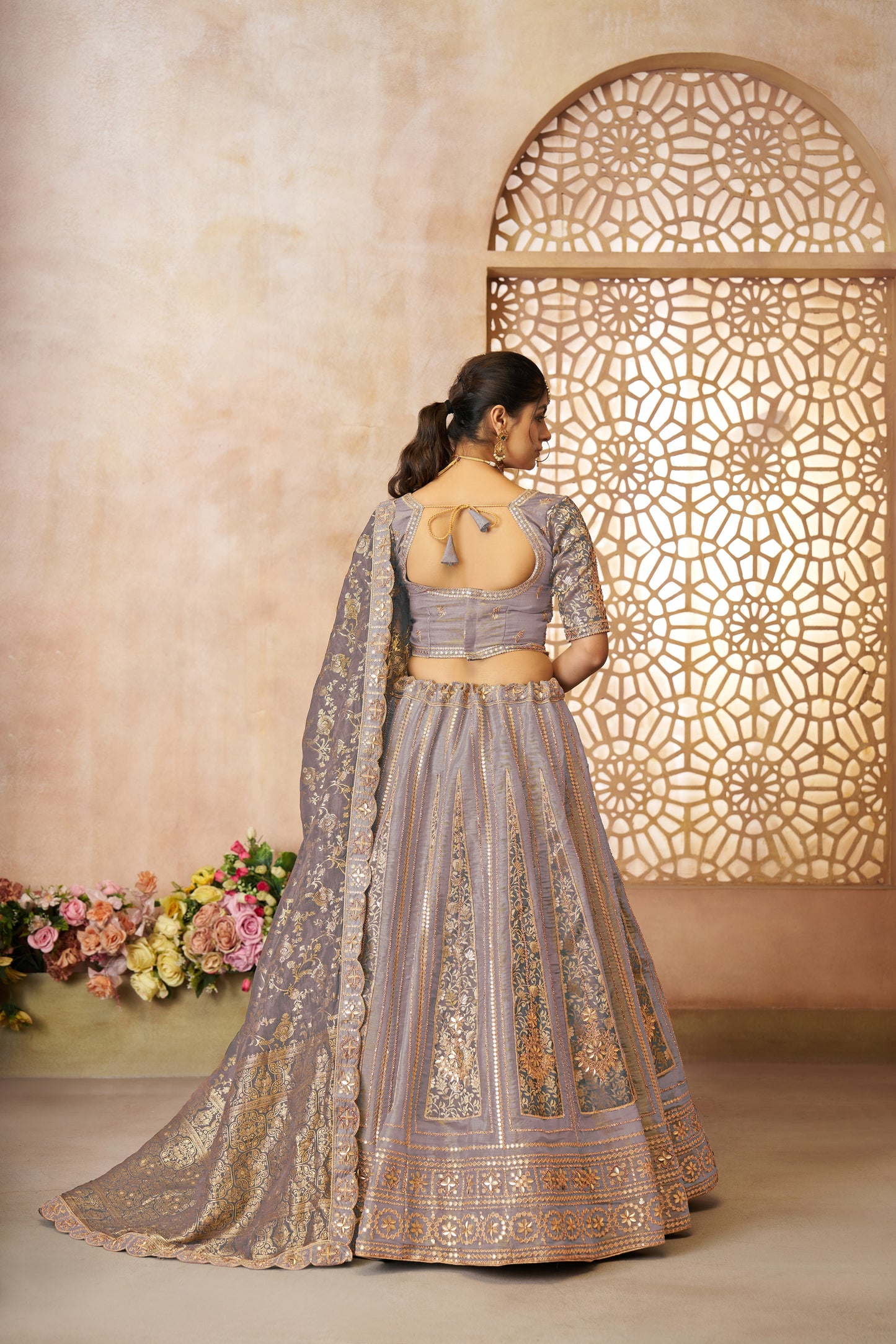 Onion Color Brocade Bridal Lehenga with Banarasi Patches & Zari Panel Work