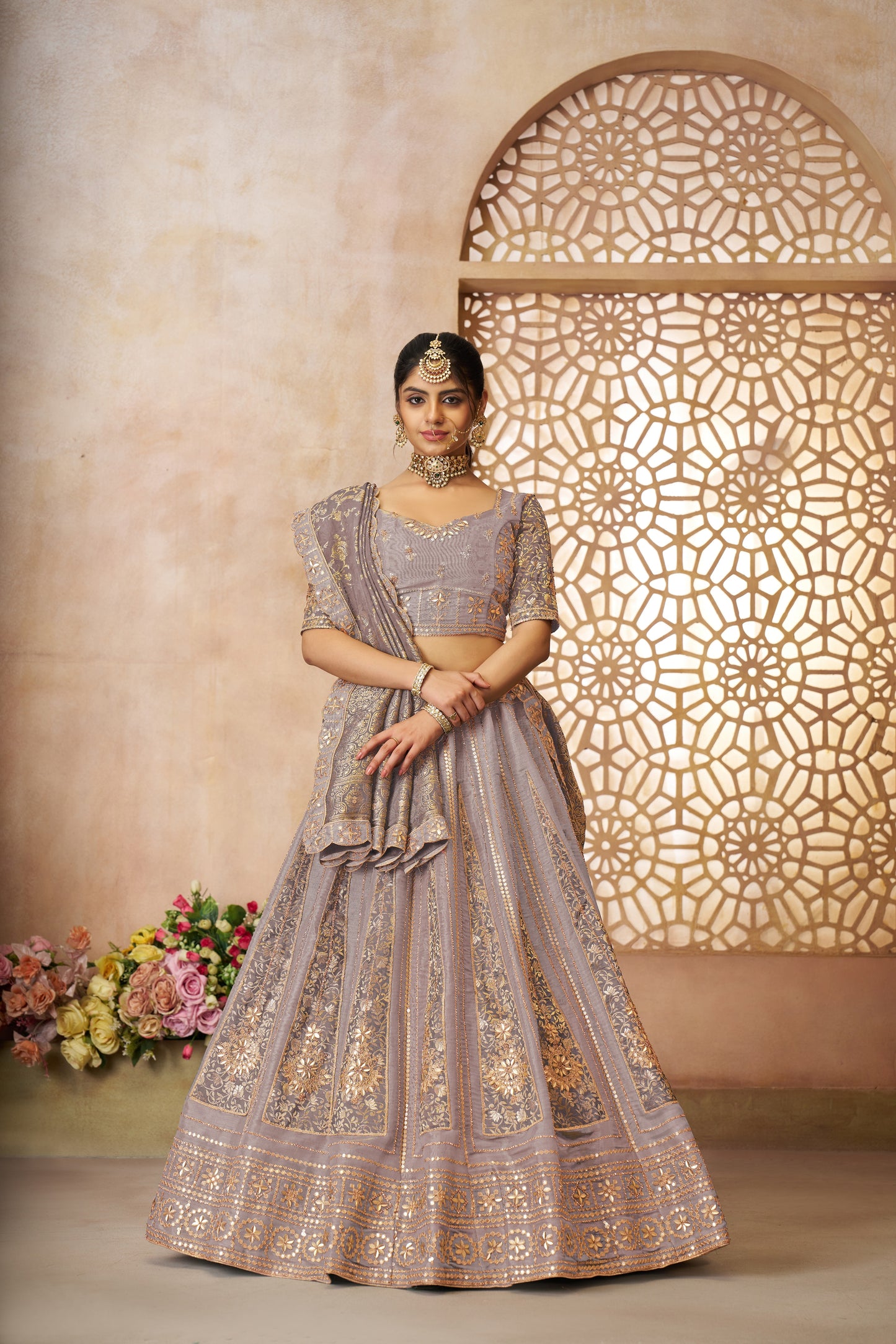 Onion Color Brocade Bridal Lehenga with Banarasi Patches & Zari Panel Work