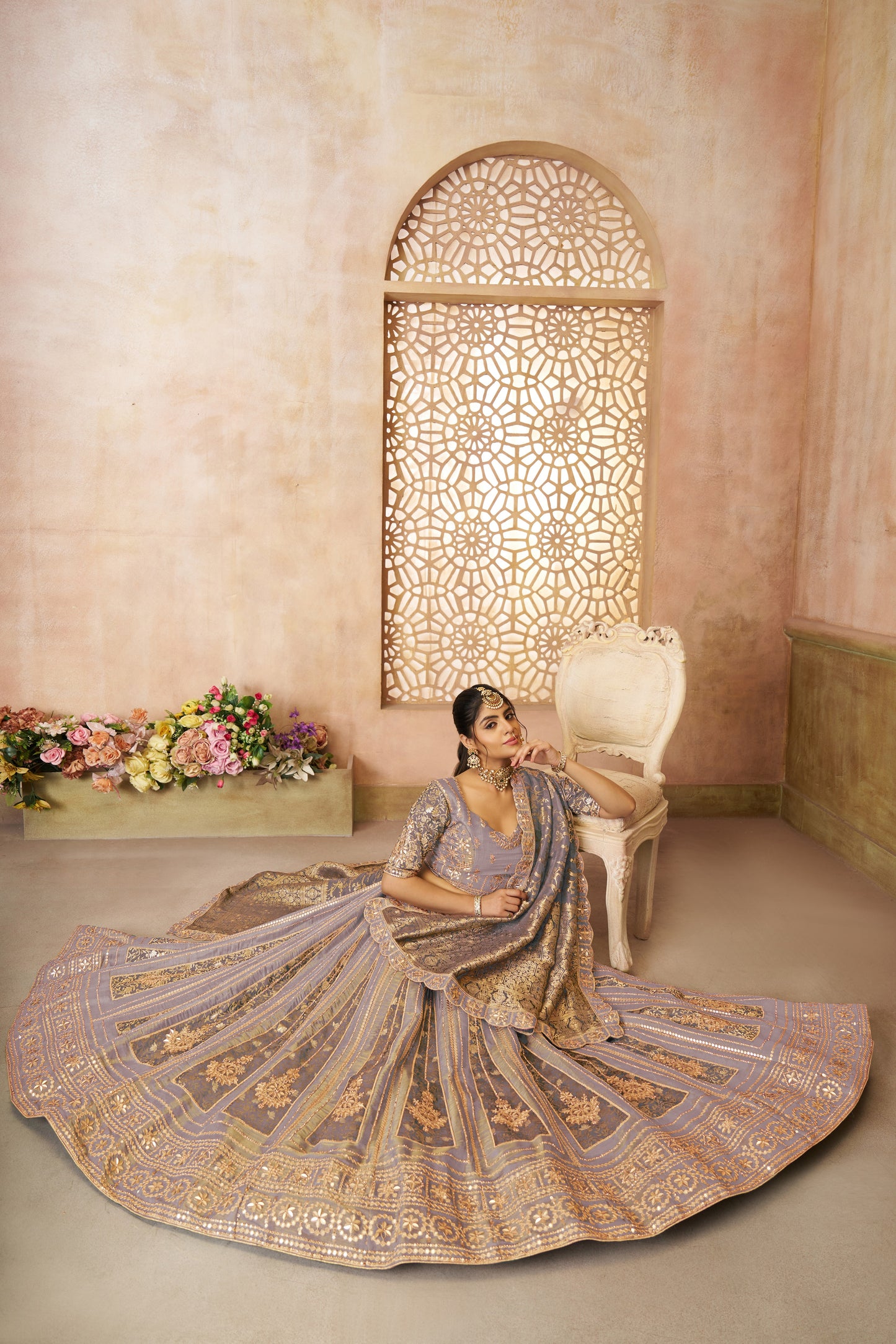 Onion Color Brocade Bridal Lehenga with Banarasi Patches & Zari Panel Work