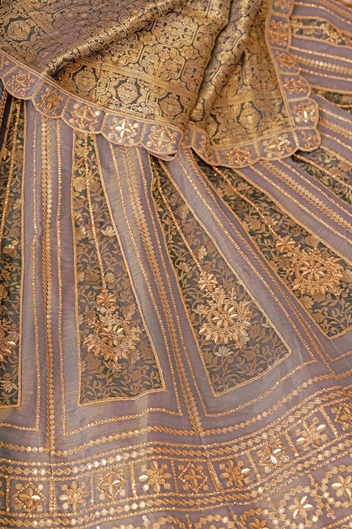 Onion Color Brocade Bridal Lehenga with Banarasi Patches & Zari Panel Work