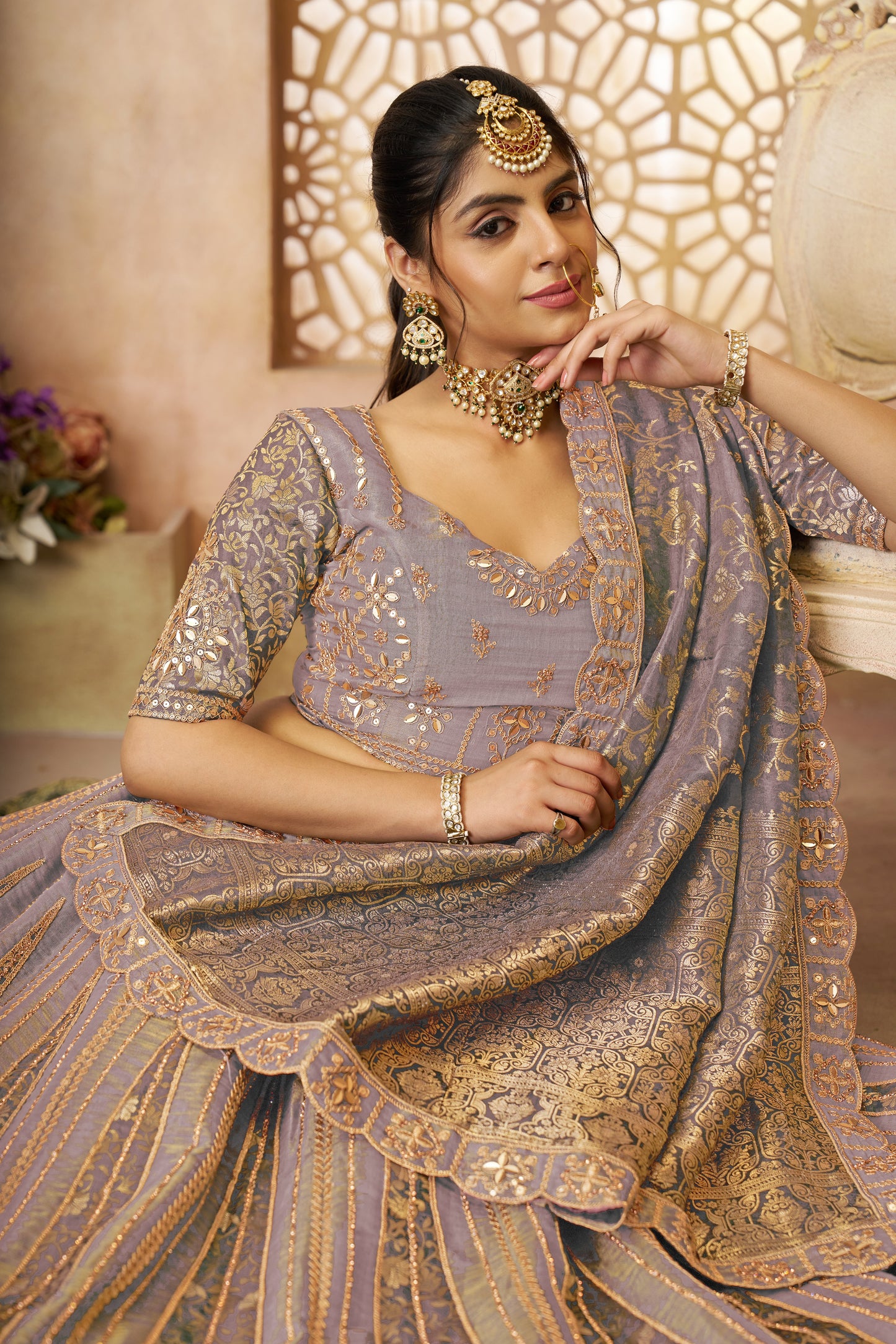 Onion Color Brocade Bridal Lehenga with Banarasi Patches & Zari Panel Work