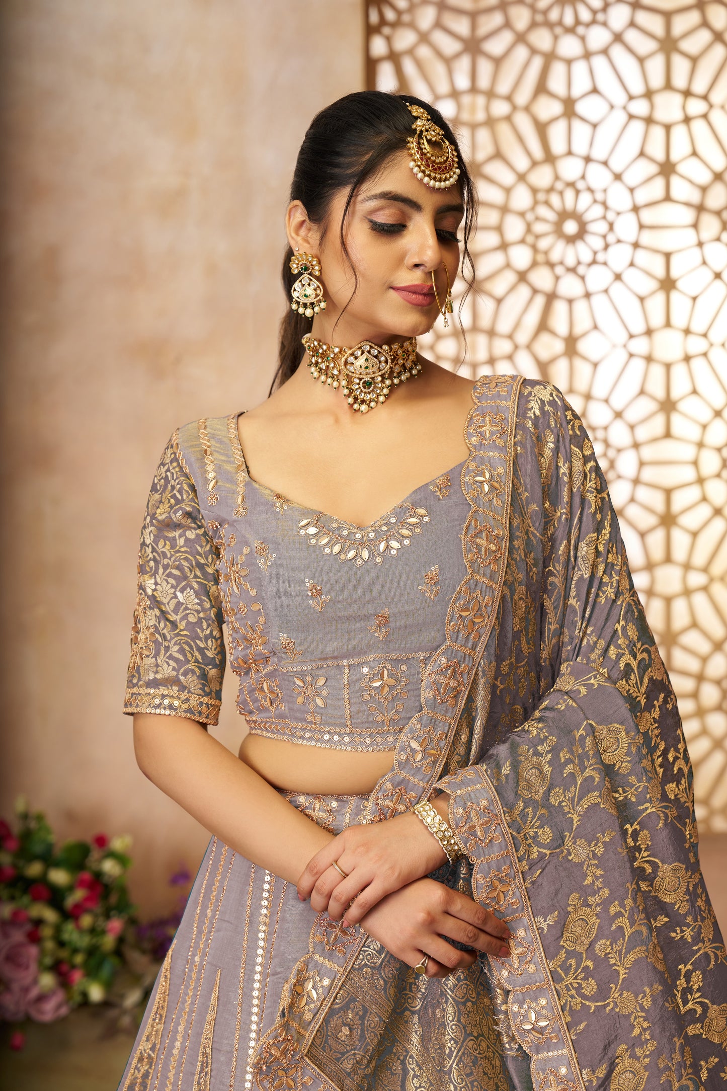 Onion Color Brocade Bridal Lehenga with Banarasi Patches & Zari Panel Work