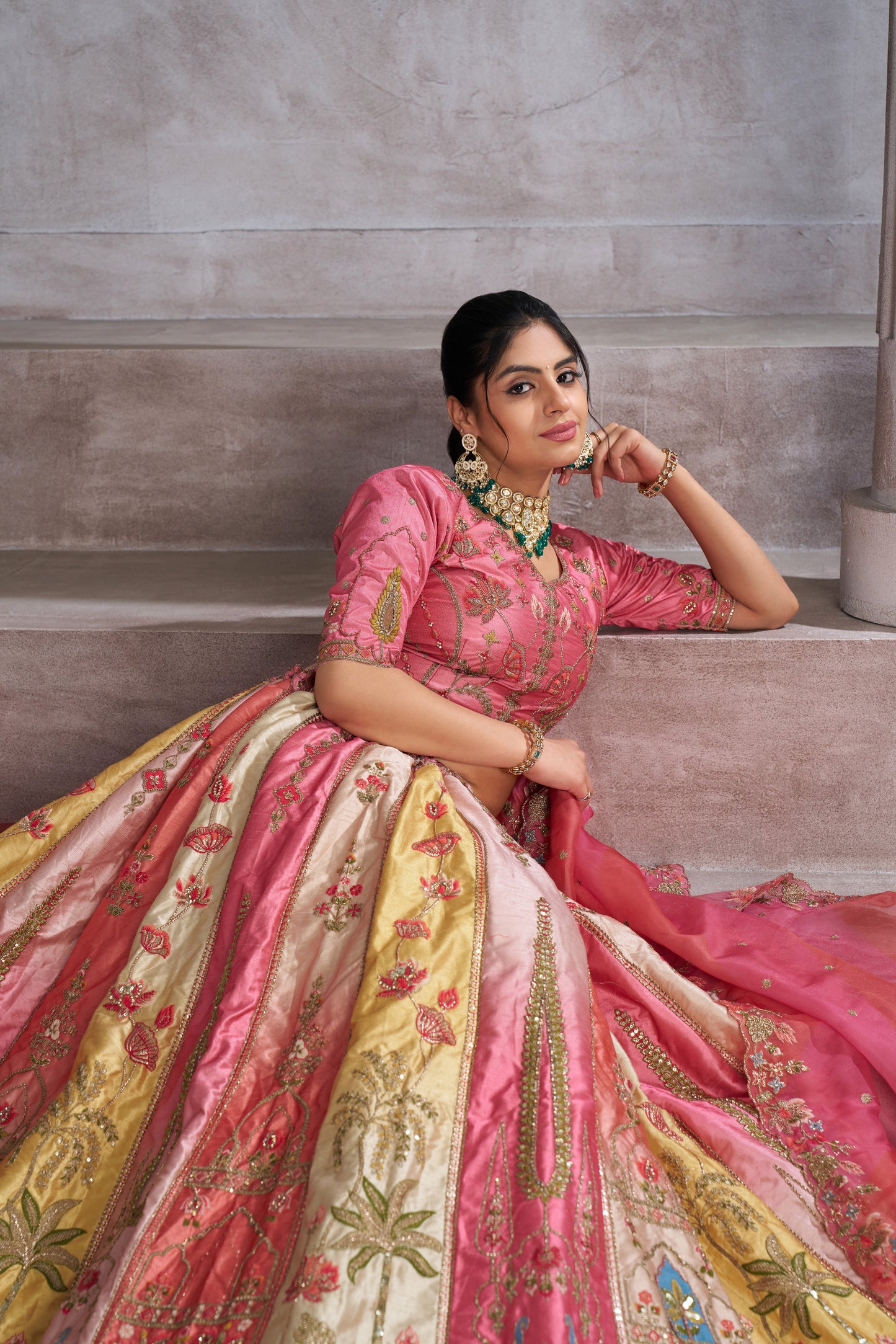 Pretty Pink Silk Lehenga with Intricate Paisley Motifs & Thread Embroidery
