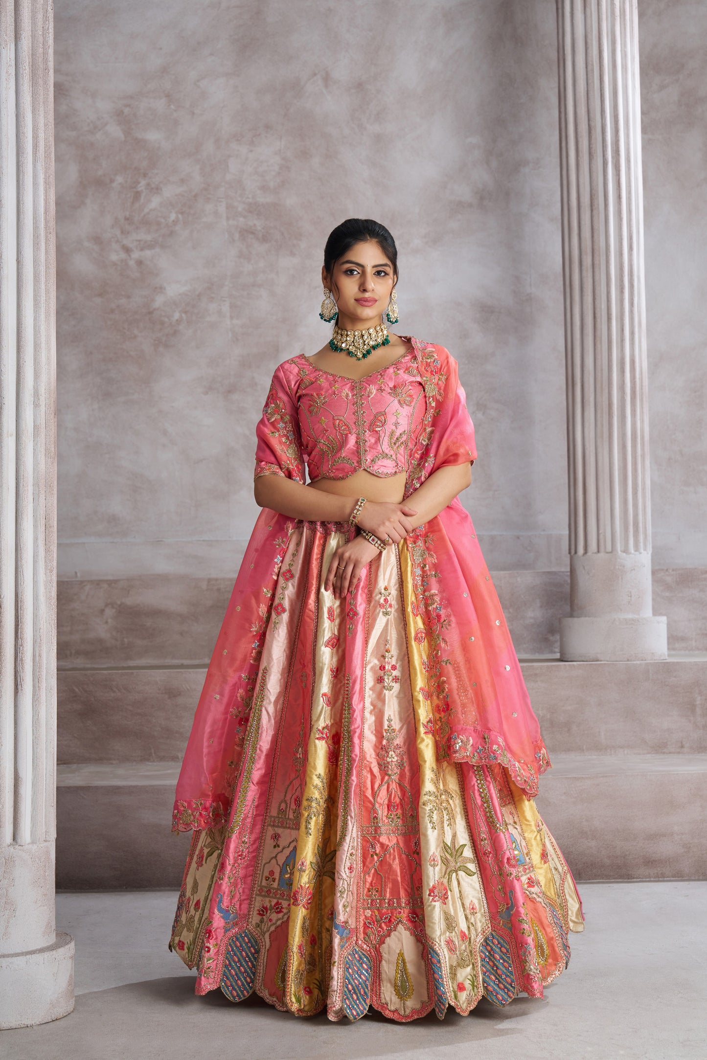 Pretty Pink Silk Lehenga with Intricate Paisley Motifs & Thread Embroidery