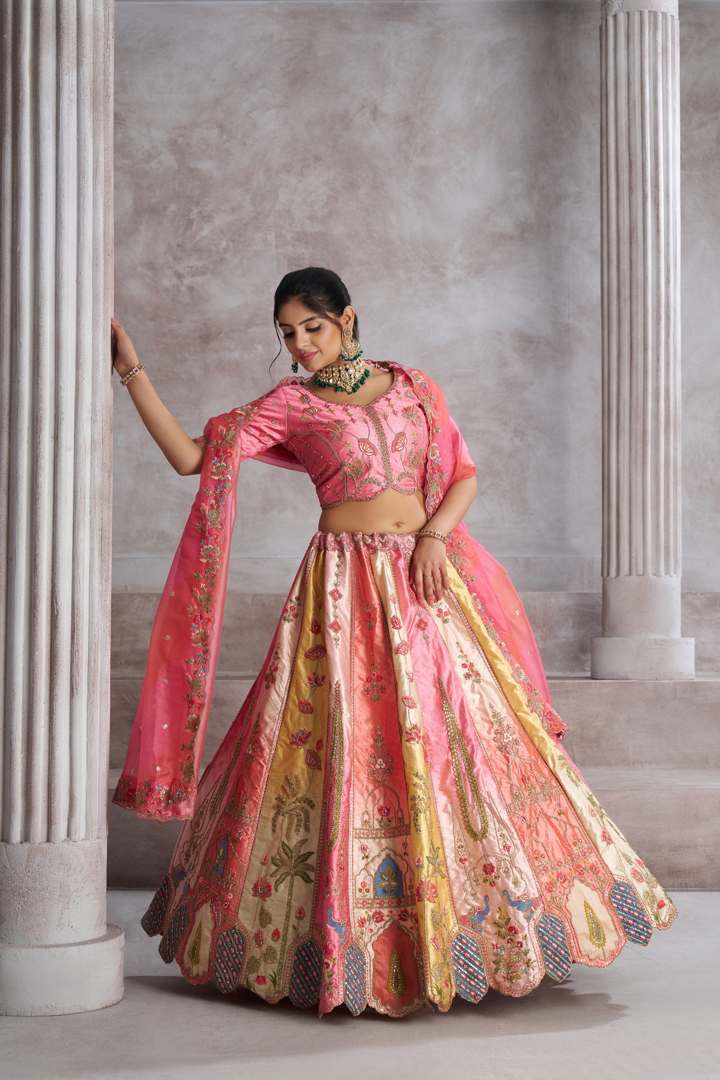 Pretty Pink Silk Lehenga with Intricate Paisley Motifs & Thread Embroidery