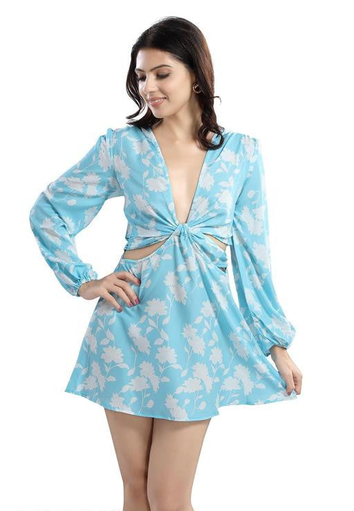 Cherrylavish Blue & White Floral Printed Poly Crepe Fit & Flare Mini Dress for Women
