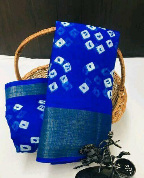 Blue Bandhani Cotton Linen Zari Women Saree