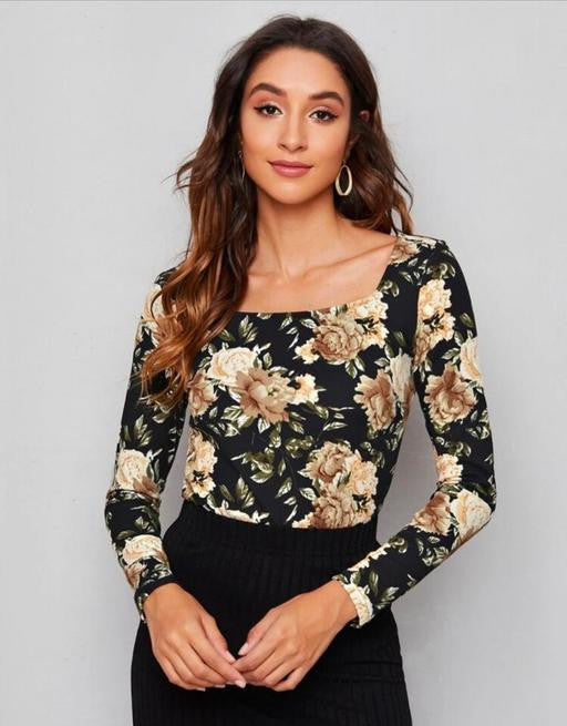 Stylish Printed Top with Square Neck and Long Sleeves for Women