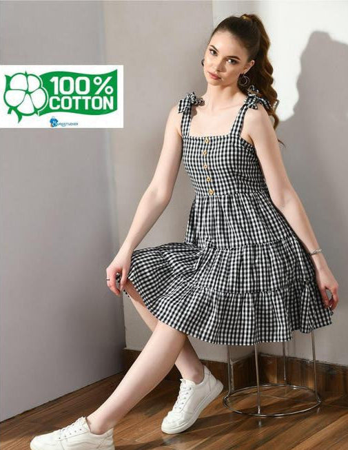 Black & White Cotton Gingham Check Tiered Dress