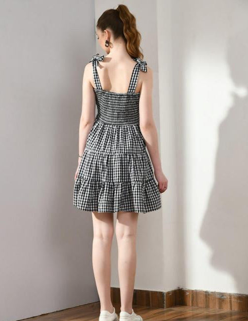 Black & White Cotton Gingham Check Tiered Dress