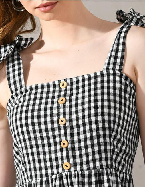 Black & White Cotton Gingham Check Tiered Dress