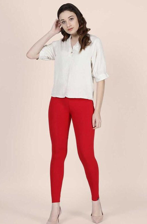 Ankle-Length Red Cotton Lycra Leggings