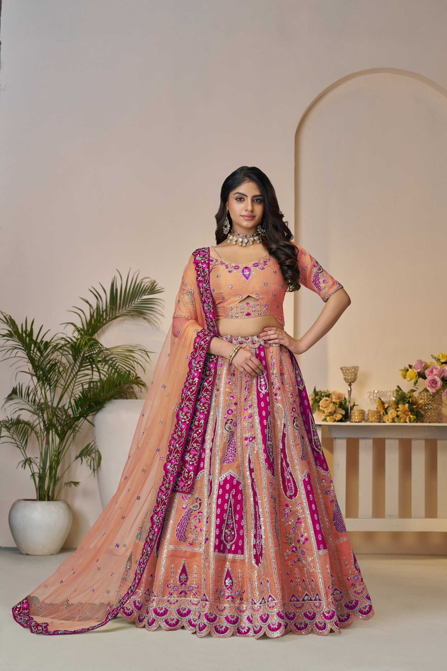 Sunrise Orange Traditional Designer Elegant Embroidery & Cut Work Silk Lehenga