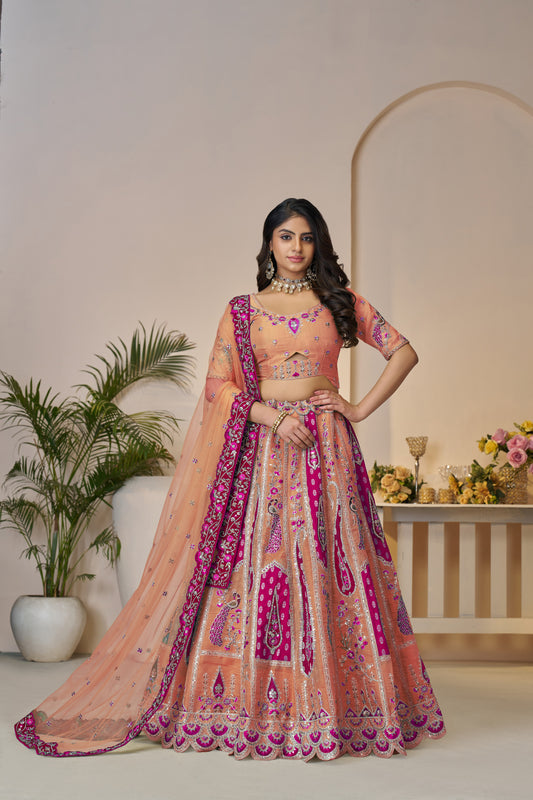 Sunrise Orange Traditional Designer Elegant Embroidery & Cut Work Silk Lehenga