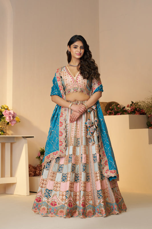 Powder Blue Jaal Pattern Party Wear Lehenga with Sequin & Aari Work