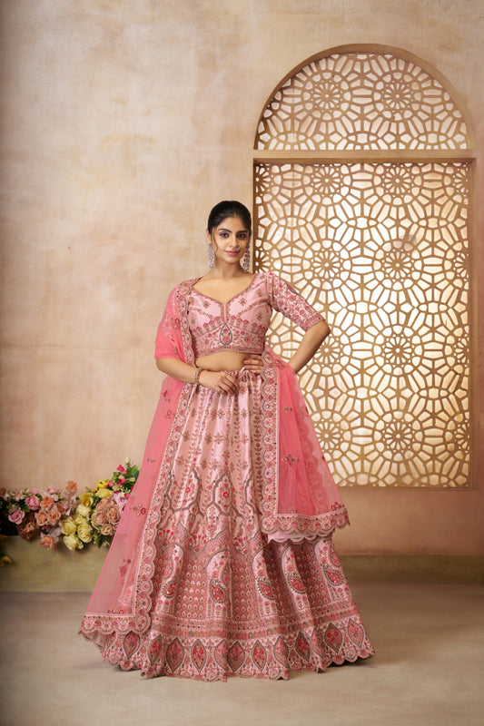 Adorable Pink Silk Embroidery Wedding Wear Lehenga Choli