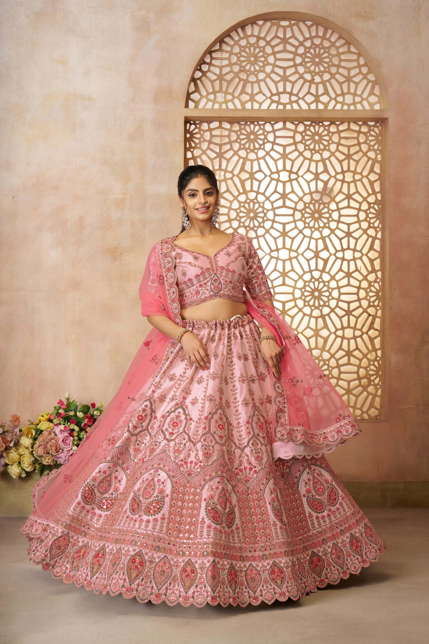 Adorable Pink Silk Embroidery Wedding Wear Lehenga Choli