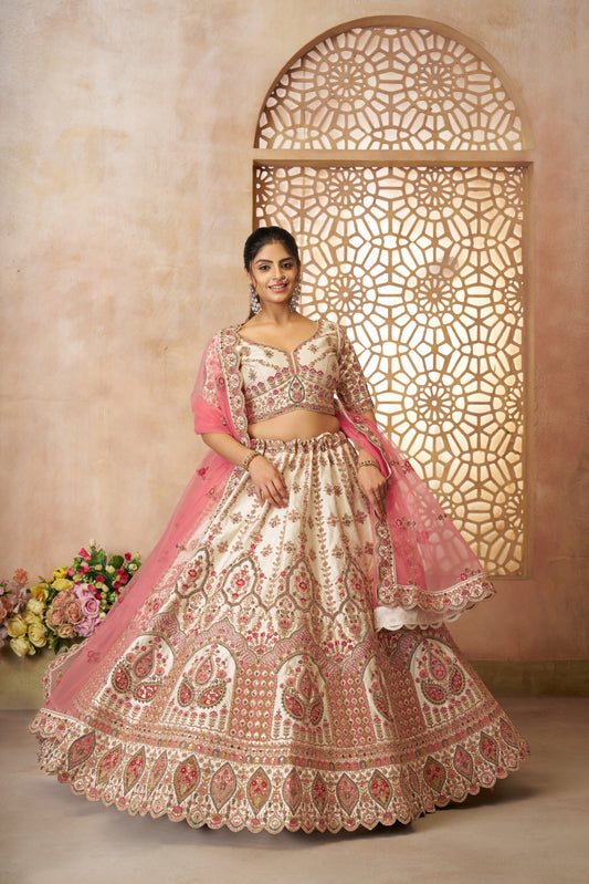 White Imperial Patterned Embroidered Bridal Lehenga
