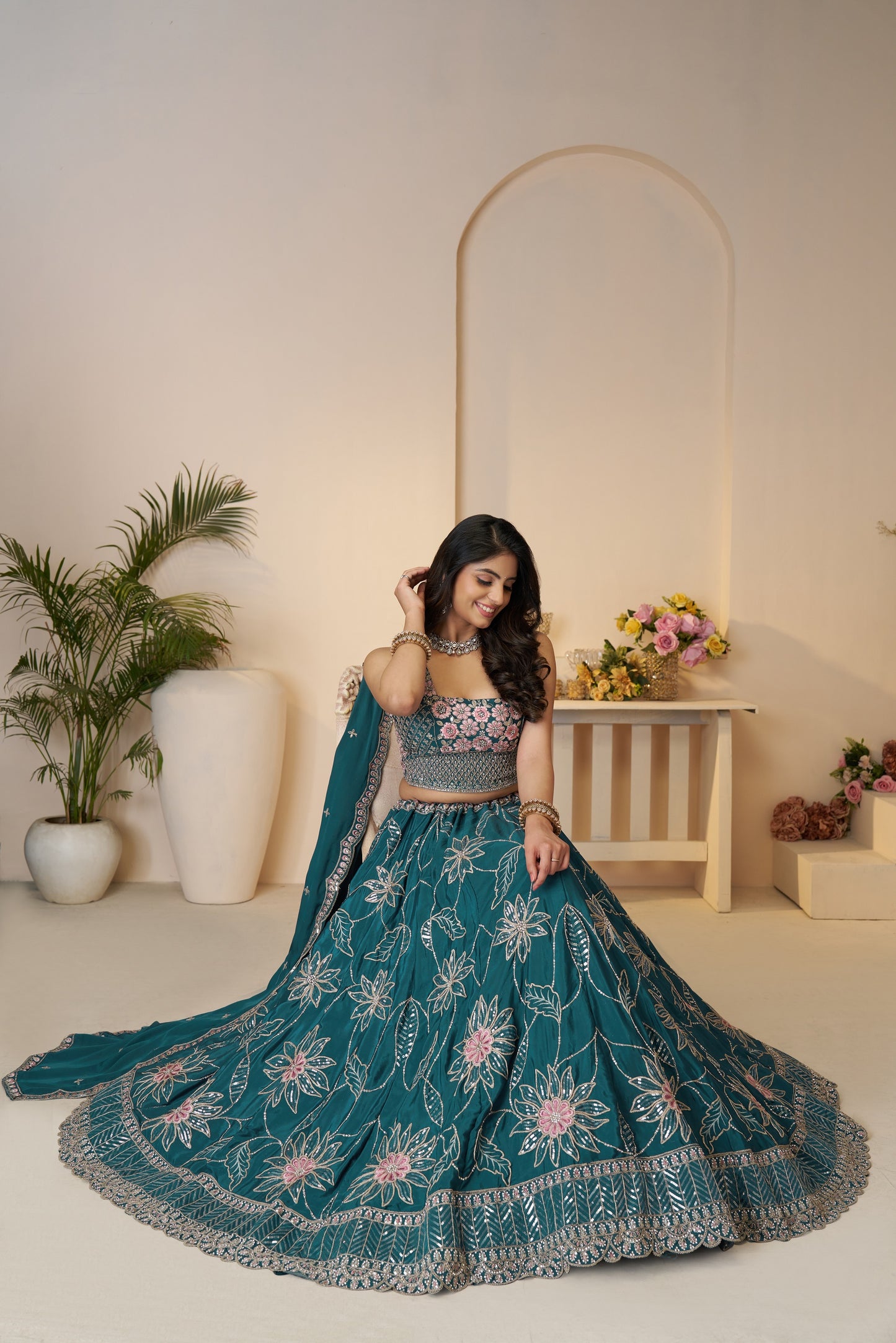 Blue Beauty: Bridesmaid Lehenga with Sequin Shine & Floral Grace