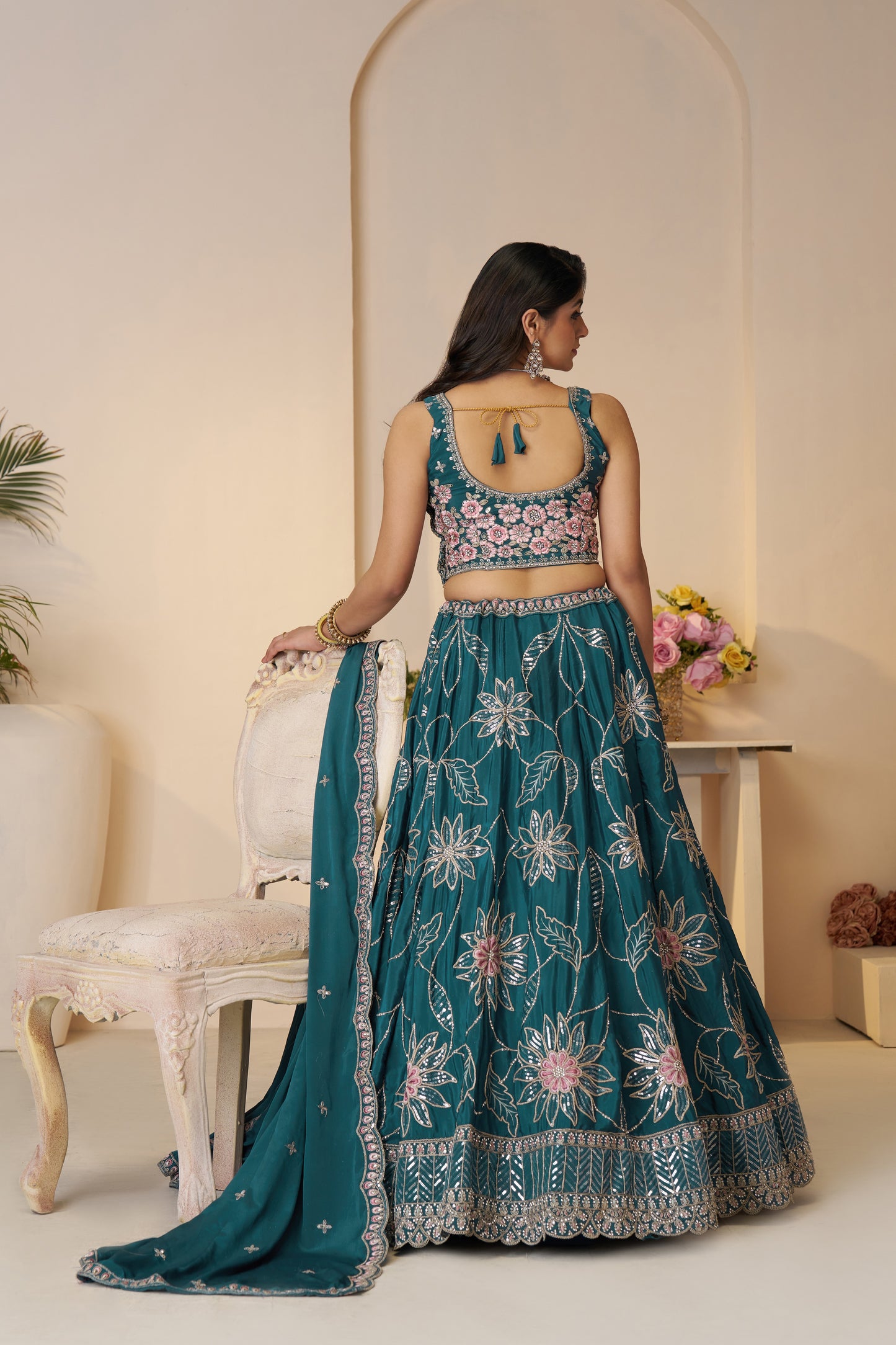 Blue Beauty: Bridesmaid Lehenga with Sequin Shine & Floral Grace