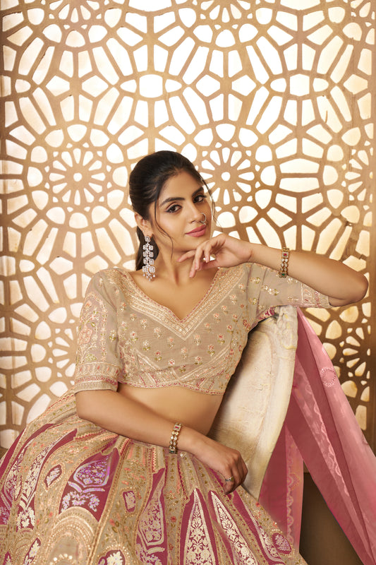 Champagne/Chiku Aari Embroidered Banarasi Lehenga for Brides