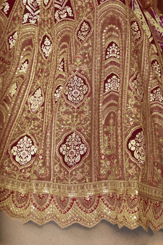 Trending Mocha/Coffee Aari Embroidered Banarasi Lehenga for Brides