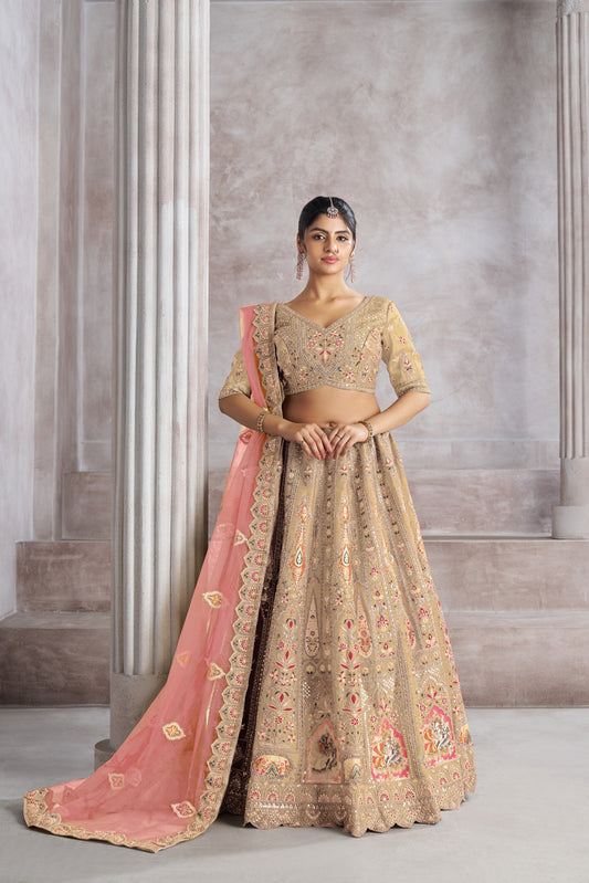 Trending Reception Champagne/Chiku Color Lehenga with Patch Work - Semi Stitched Lehenga Choli