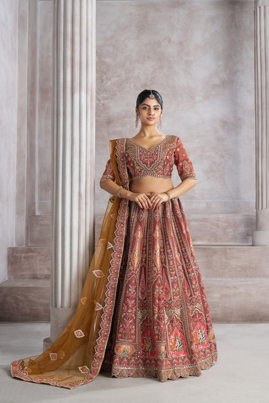 Trending Mocha Color Lehenga with Aari & Patch Work - Semi Bridal Lehenga Choli
