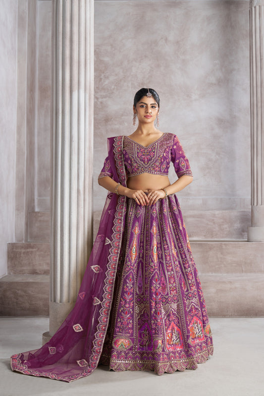 Berry Purple Bridesmaid Lehenga with Patch & Aari Work - Semi Stitched Lehenga Choli