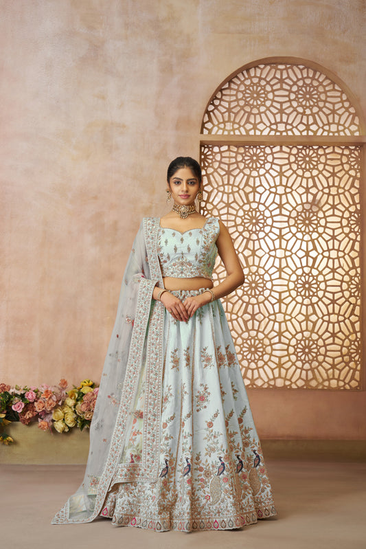 Sky Blue Sequins Chinon Reception Wear Lehenga Choli