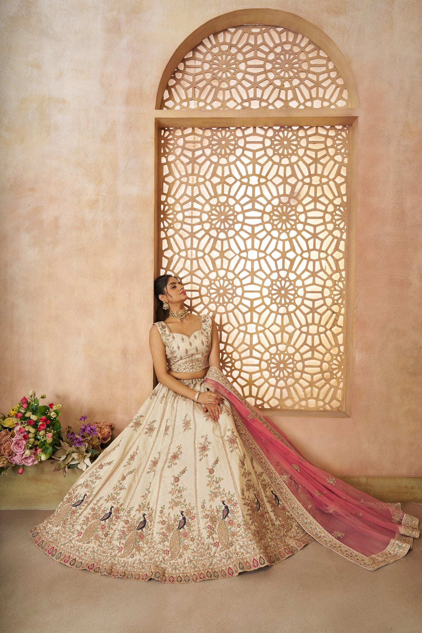 White Zari Silk Lehenga with Sequins & Thread Embroidery