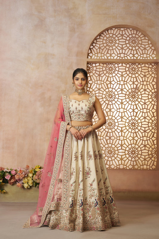 White Zari Silk Lehenga with Sequins & Thread Embroidery