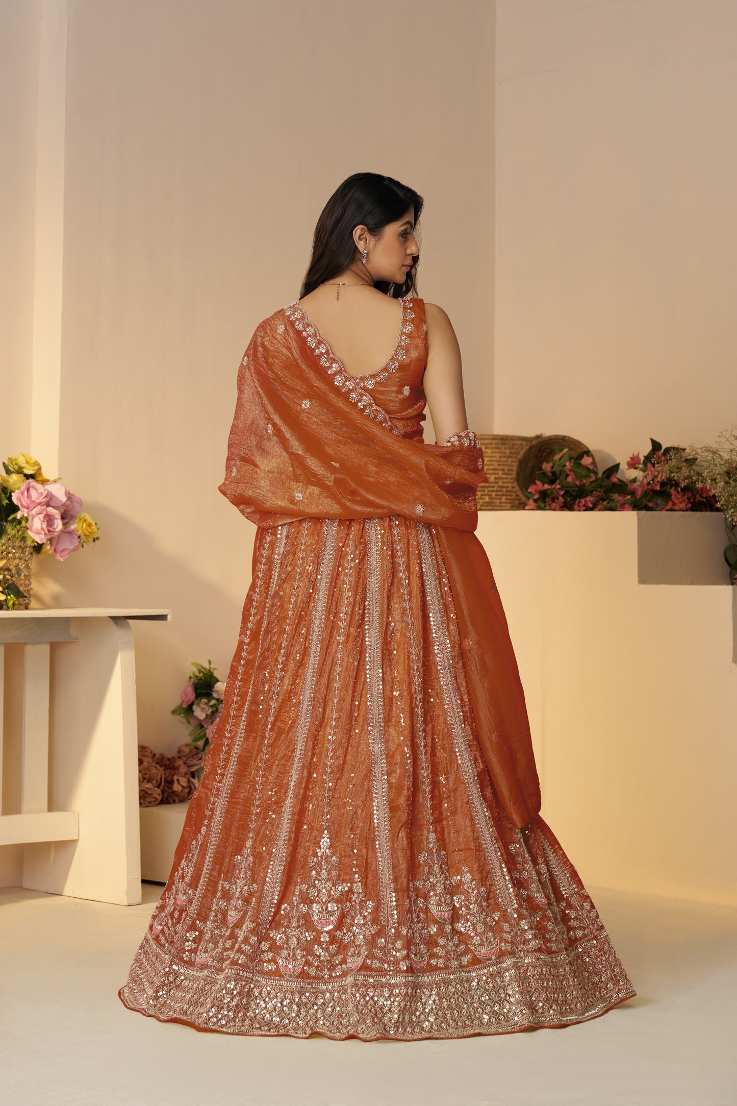 Rustic Orange Bridal Lehenga with Stone, Zari & Cut Dana Work