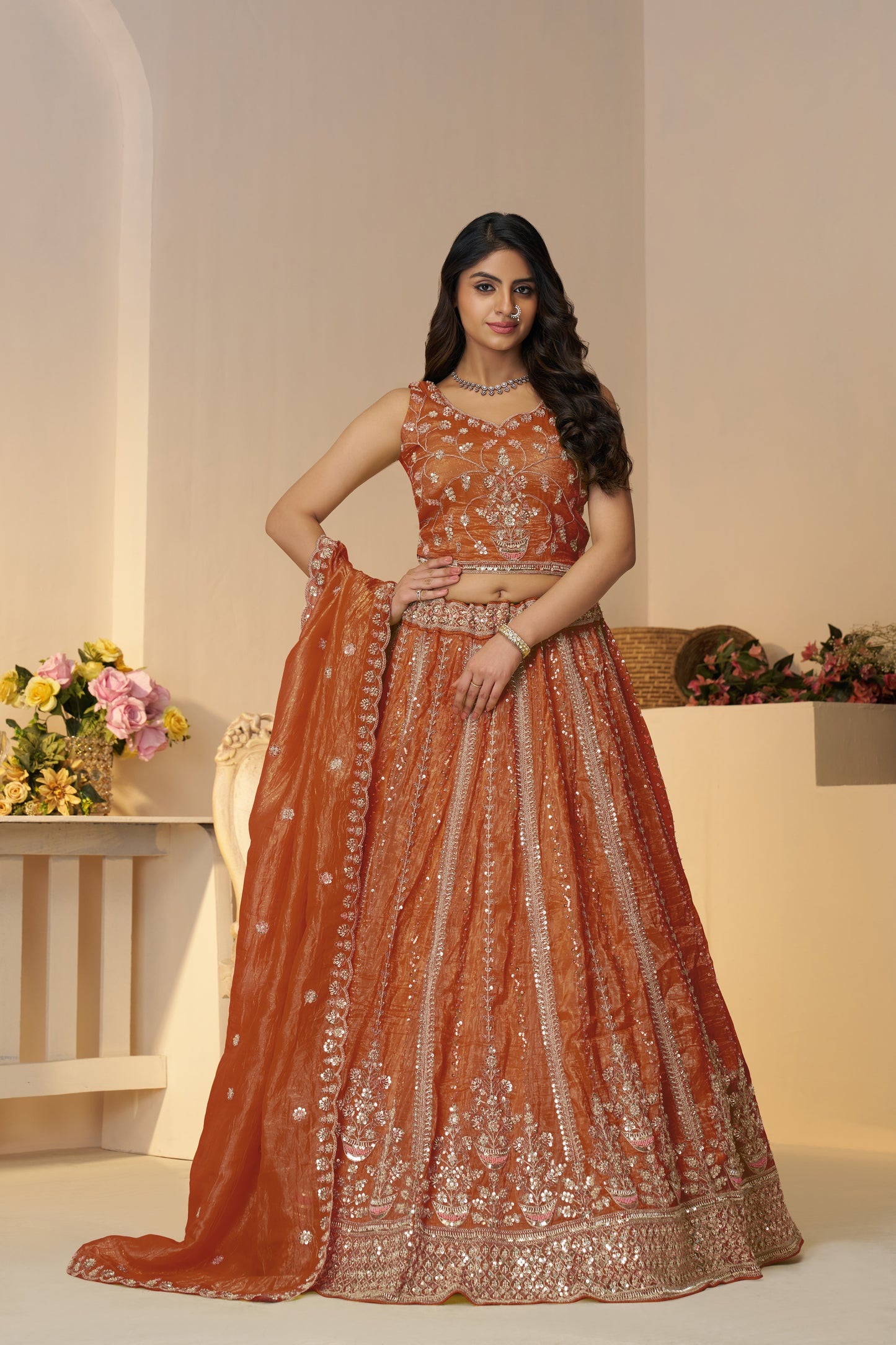 Rustic Orange Bridal Lehenga with Stone, Zari & Cut Dana Work