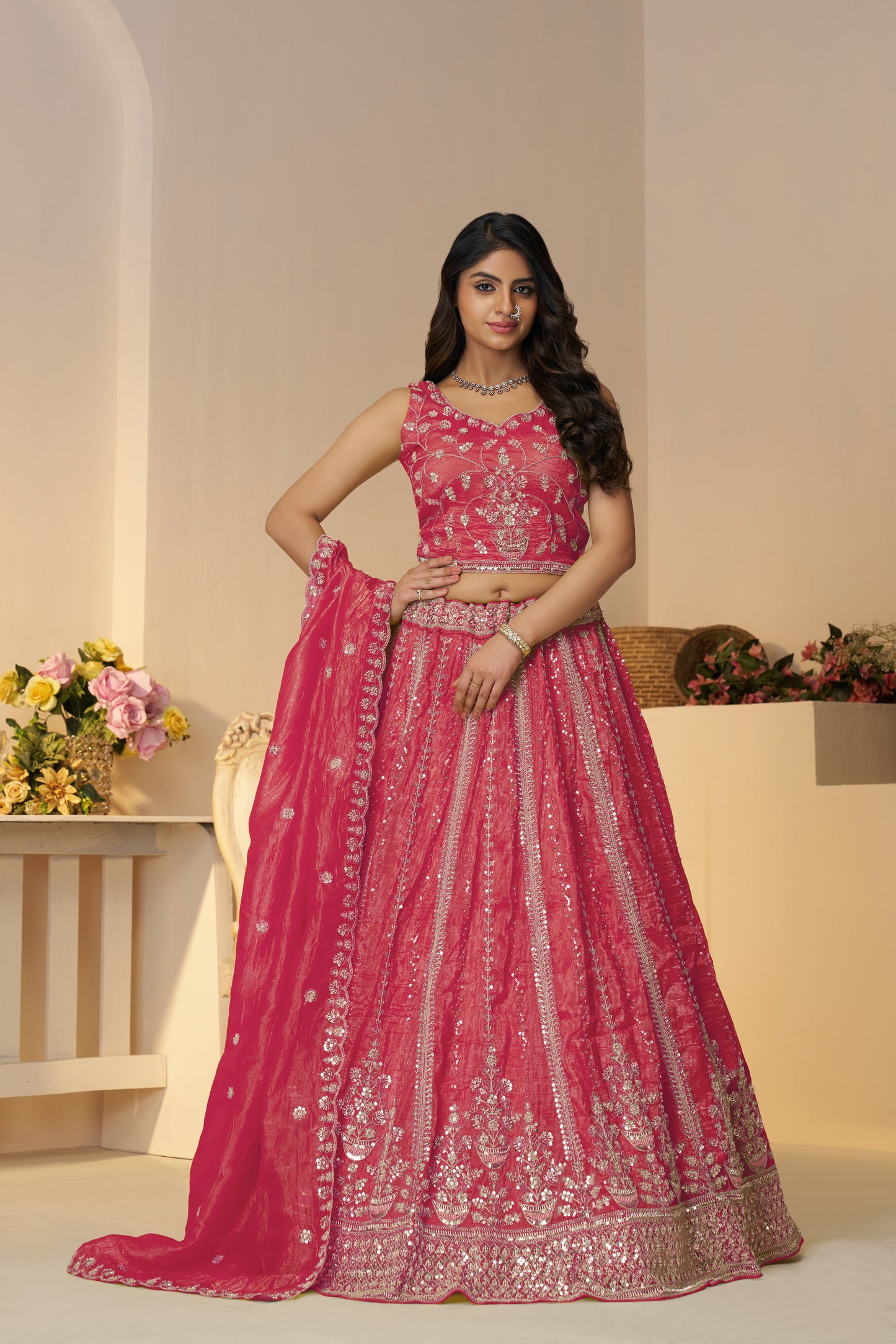 Pretty Pink Silk Lehenga with Intricate Paisley Motifs & Zari Work