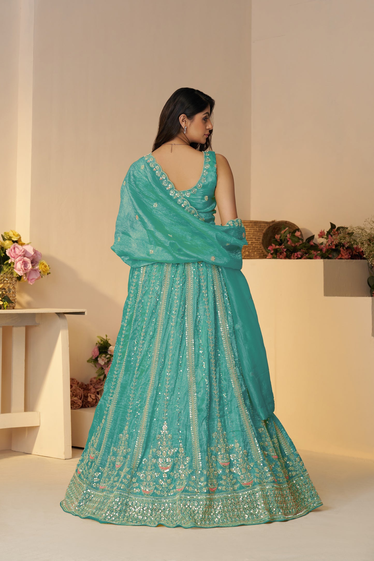 Elegant Powder Blue Silk Lehenga with Sequins & Cut Dana Work