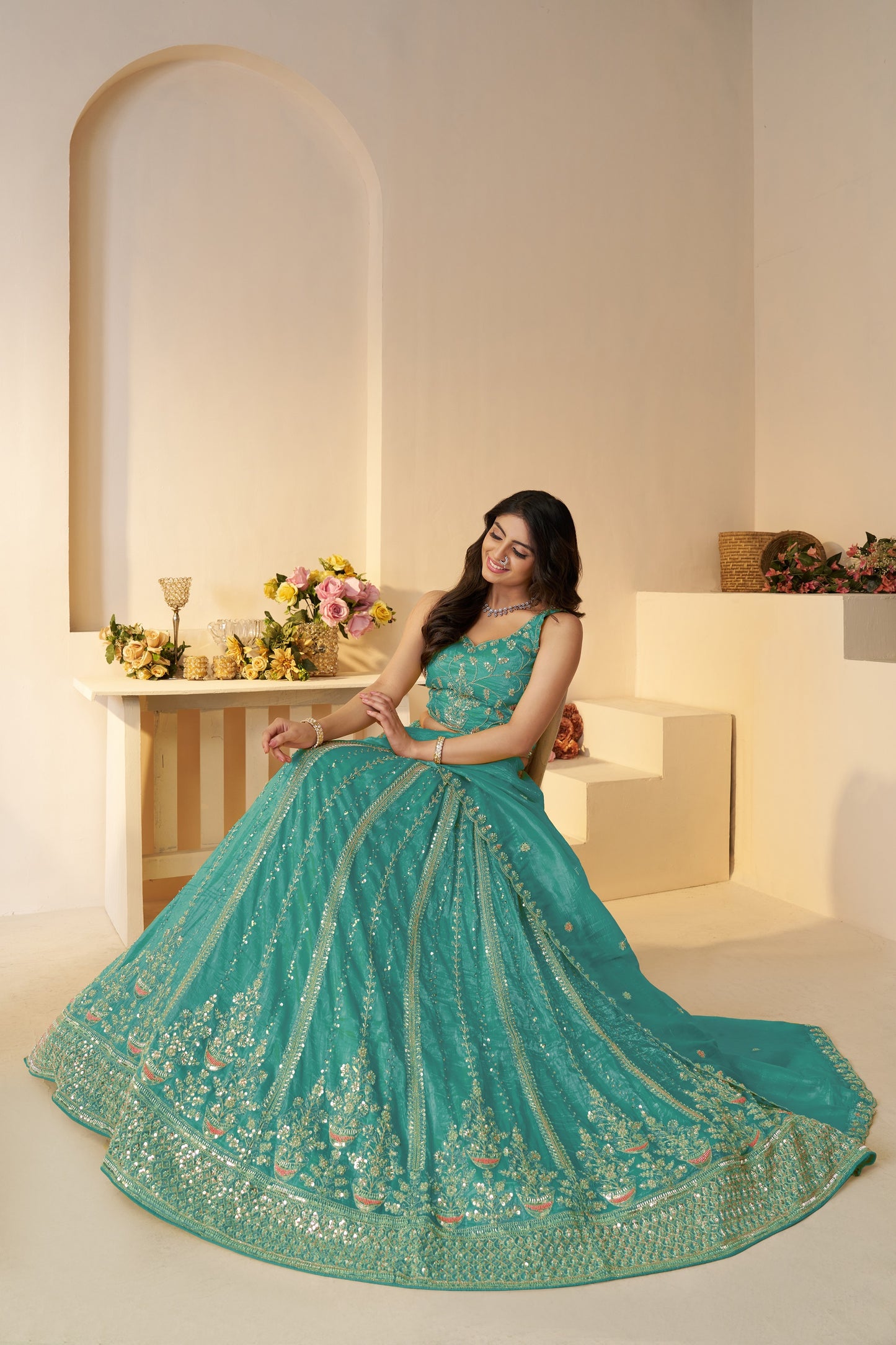 Elegant Powder Blue Silk Lehenga with Sequins & Cut Dana Work