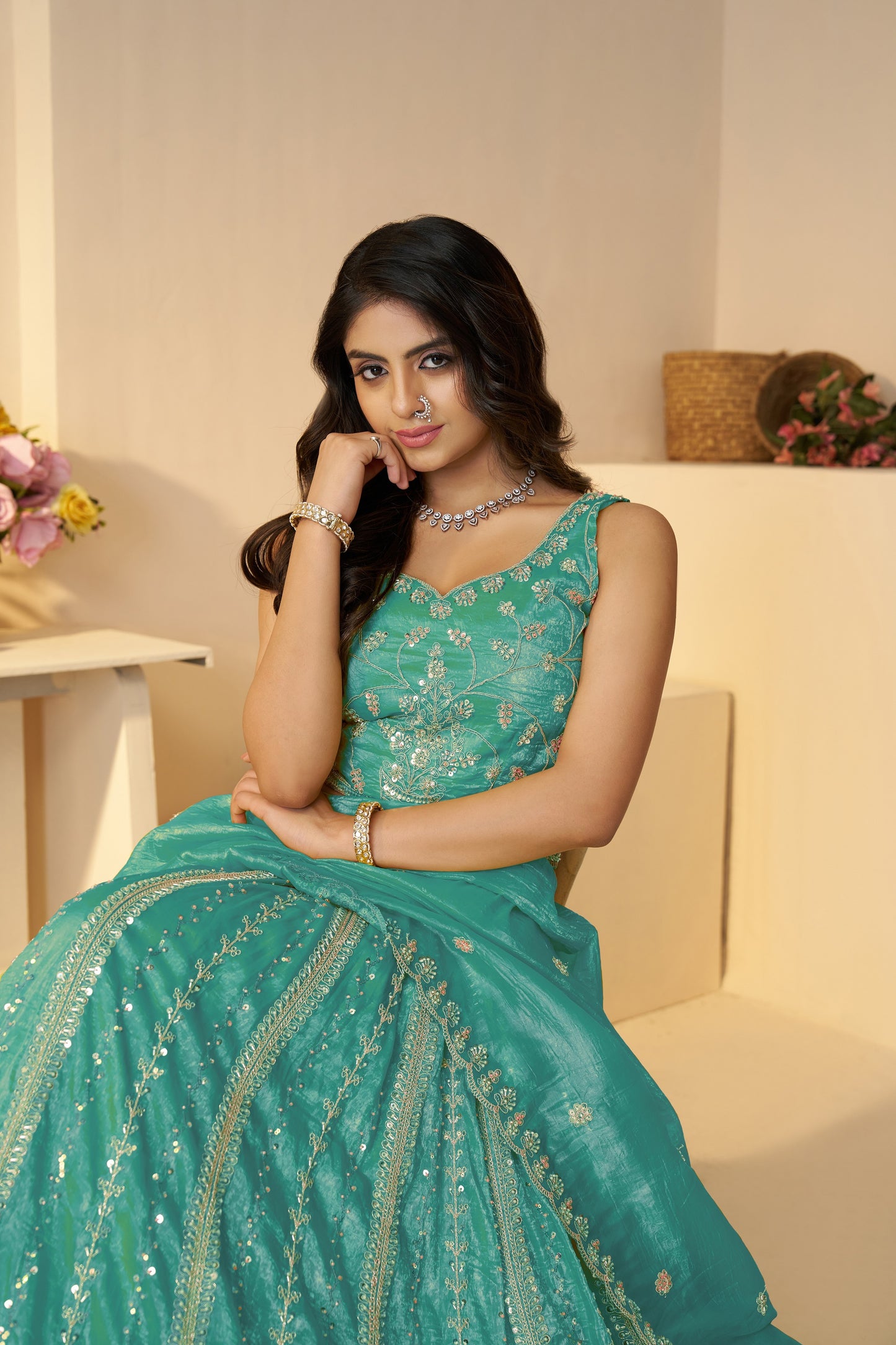 Elegant Powder Blue Silk Lehenga with Sequins & Cut Dana Work