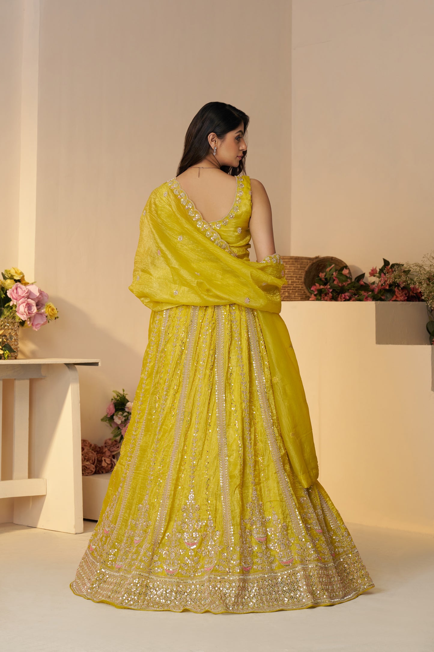 Haldi Ceremony Yellow Lehenga with Sequins & Cut Dana Work