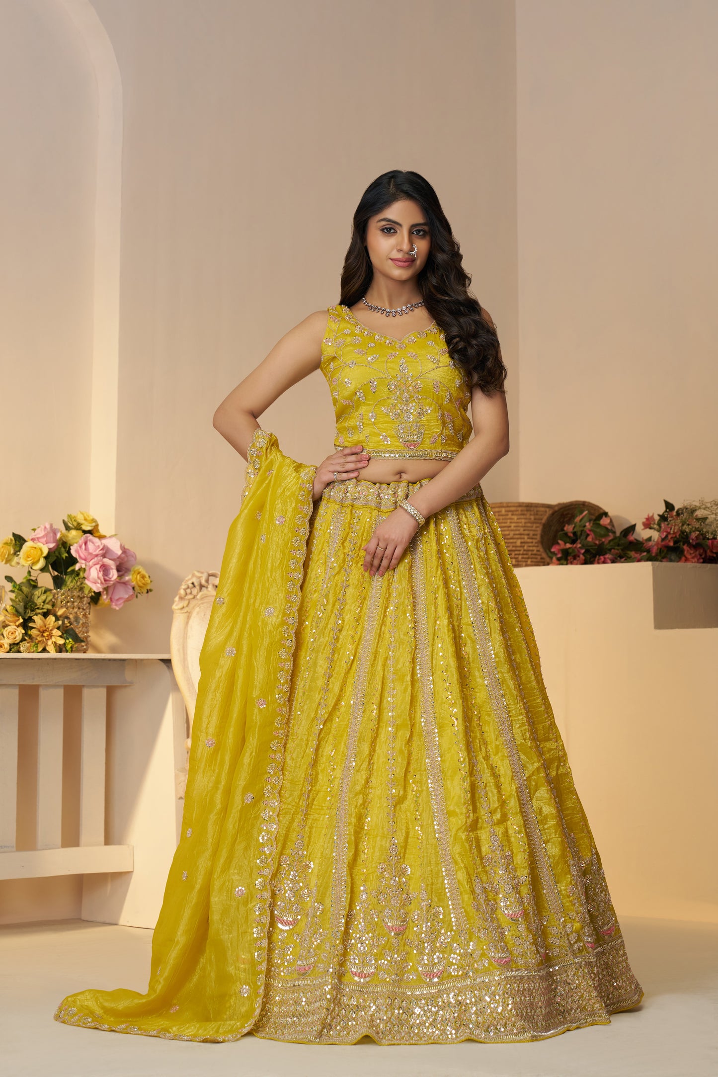 Haldi Ceremony Yellow Lehenga with Sequins & Cut Dana Work
