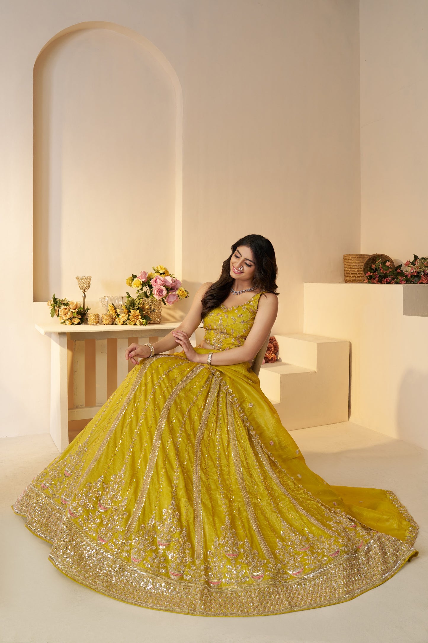 Haldi Ceremony Yellow Lehenga with Sequins & Cut Dana Work